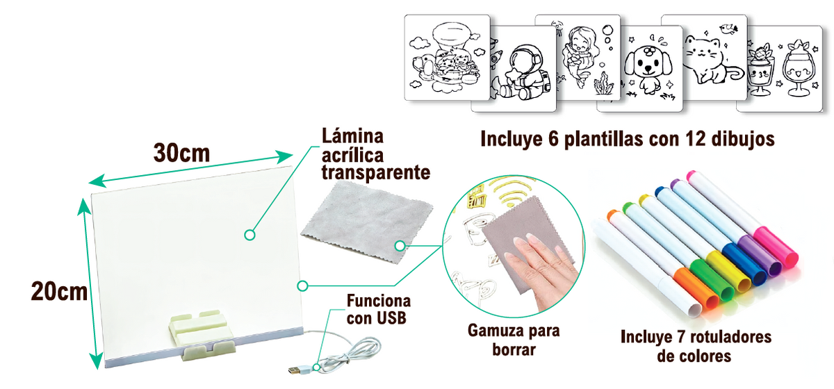 Pizarra LED transparente con rotuladores · 20 × 30 cm