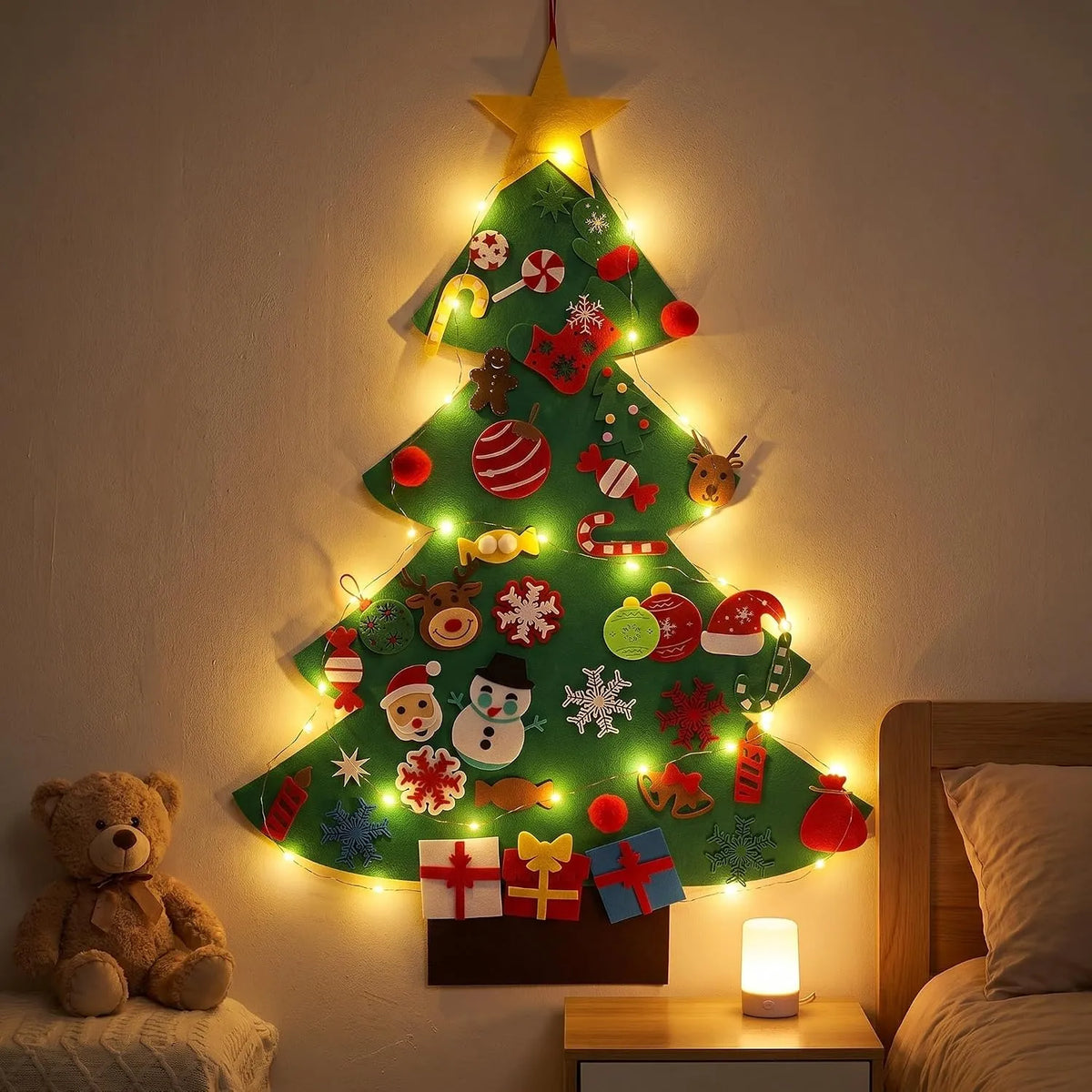Árbol de Navidad de fieltro · 25 adornos + luces LED de 3 m