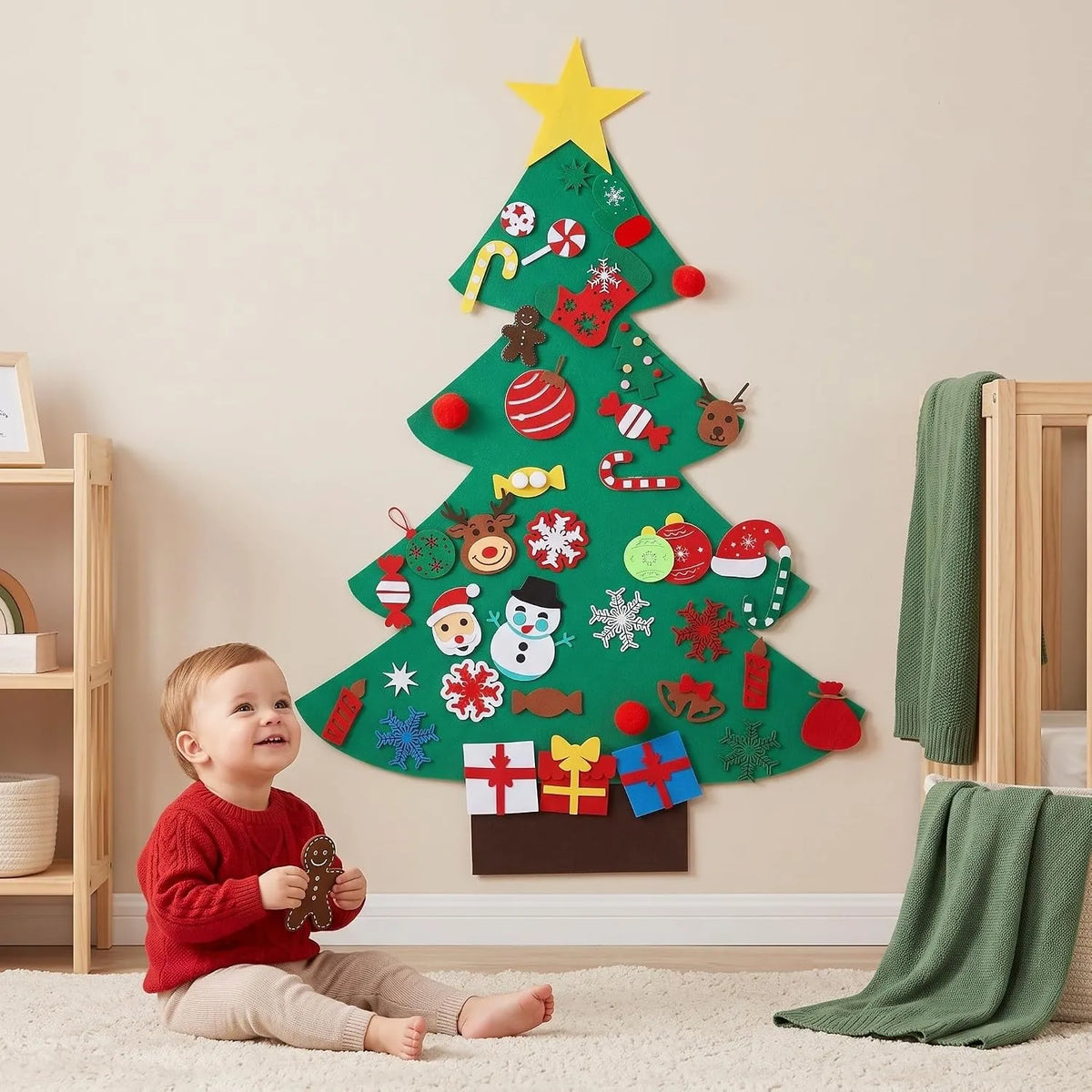Árbol de Navidad de fieltro · 25 adornos + luces LED de 3 m