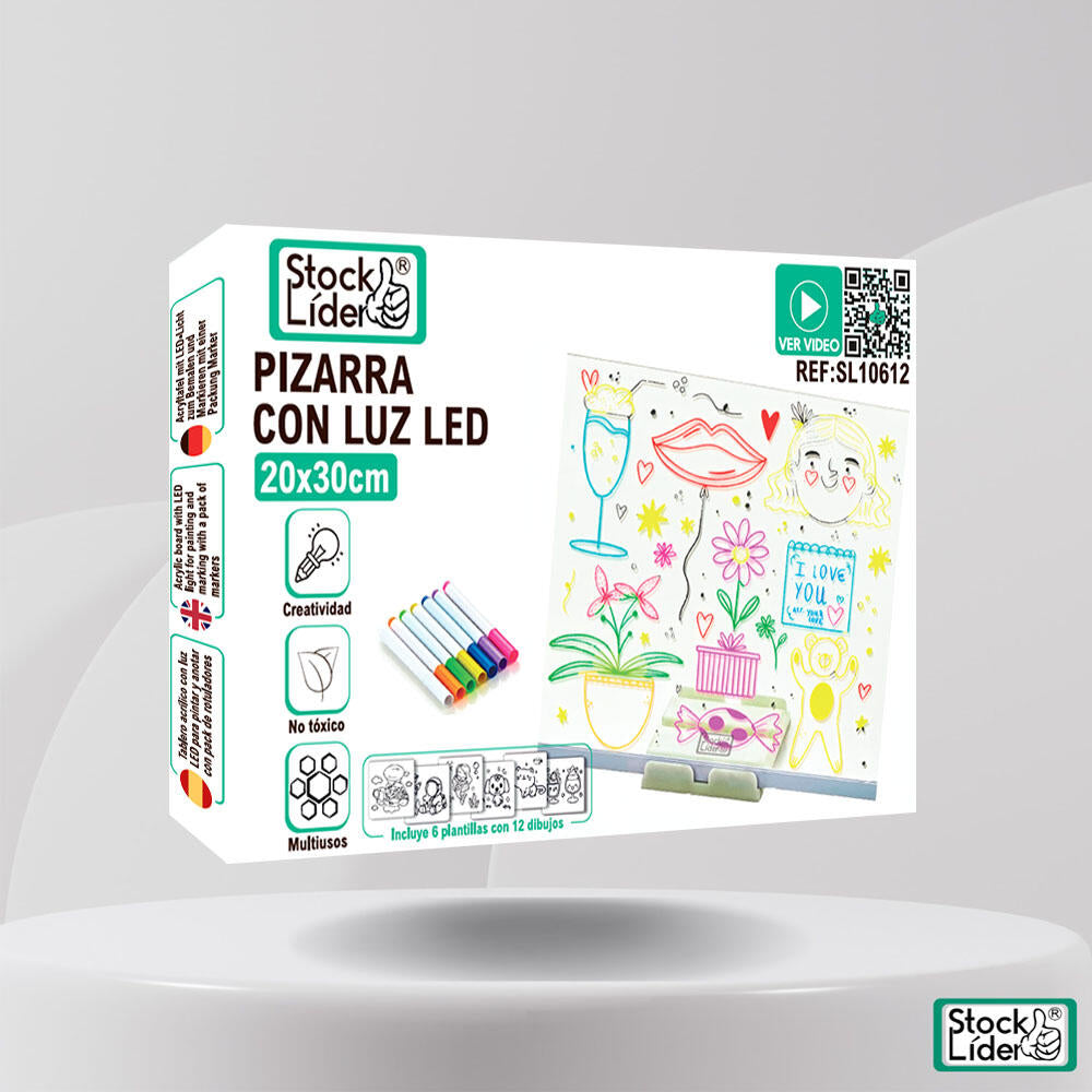 Pizarra LED transparente con rotuladores · 20 × 30 cm