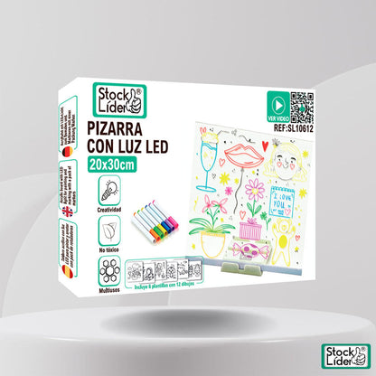 Pizarra LED transparente con rotuladores · 20 × 30 cm