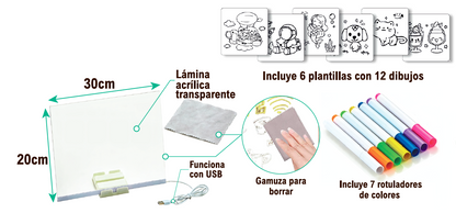 Pizarra LED transparente con rotuladores · 20 × 30 cm