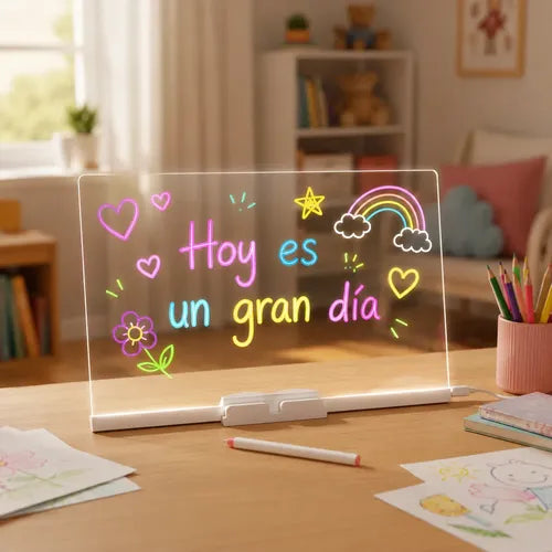 Pizarra LED transparente con rotuladores · 20 × 30 cm