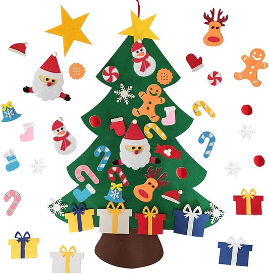 Árbol de Navidad de fieltro · 25 adornos + luces LED de 3 m