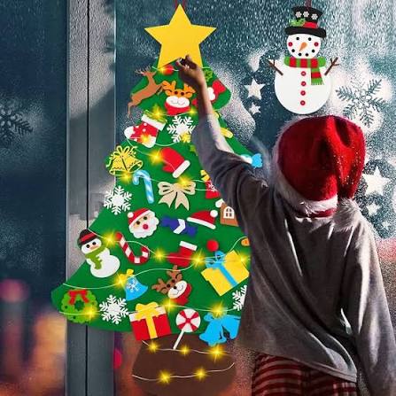 Árbol de Navidad de fieltro · 25 adornos + luces LED de 3 m