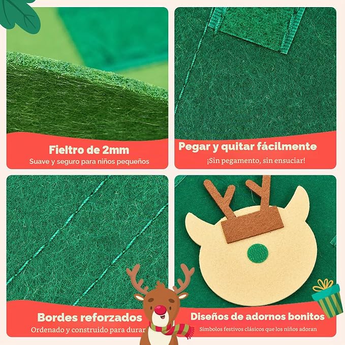 Árbol de Navidad de fieltro · 25 adornos + luces LED de 3 m